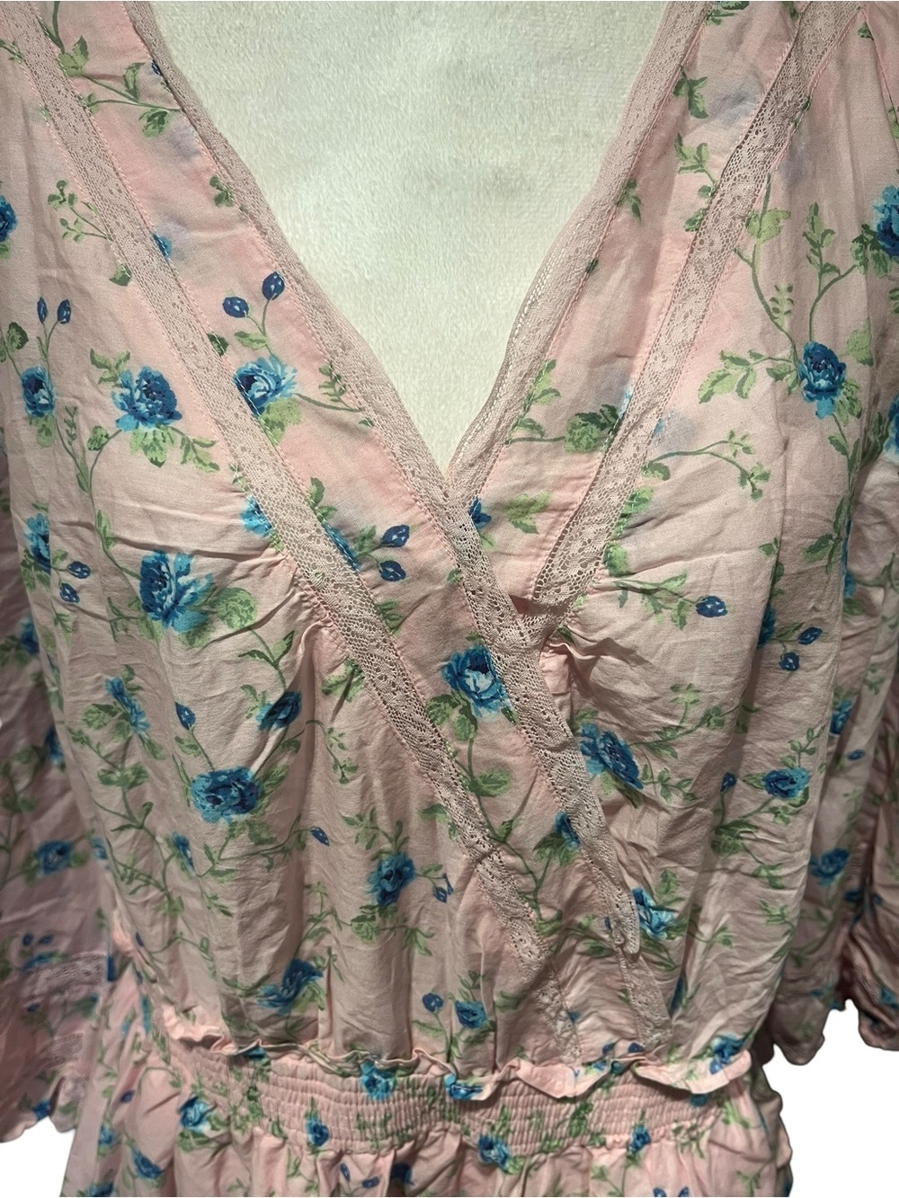 LoveShackFancy NWT 2XL Pink Blue Floral Prairie Cottagecore Dress Lace Trim - Picture 3 of 13